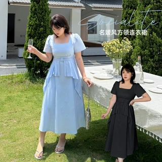 k3297大码女装夏季胖mm法式方领不规则荷叶边连衣裙胖妹妹裙子