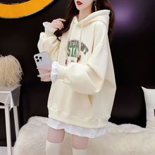 假两件卫衣女春秋薄款大码胖mm女装200斤连帽宽松加绒加厚外套潮