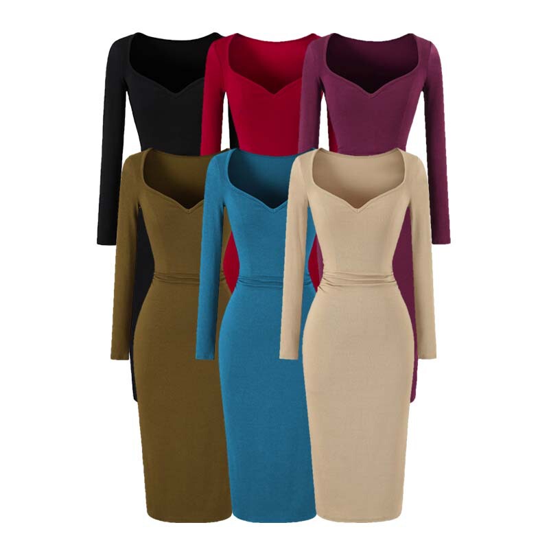 Atmospheric and alluring peach-heart neckline slim-fit waist-hugging long-sleeve dress for women, spring and autumn style Atmospheric and alluring peach-heart neckline slim-fit waist-hugging long-sleeve dress for women, spring and autumn style