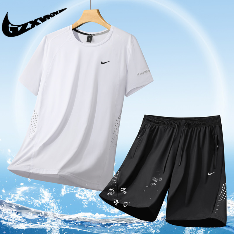 Men's Summer Wear a High-end Sense New Personality Ice Silk Breathable T-shirt Shorts Sports Casual suit Men