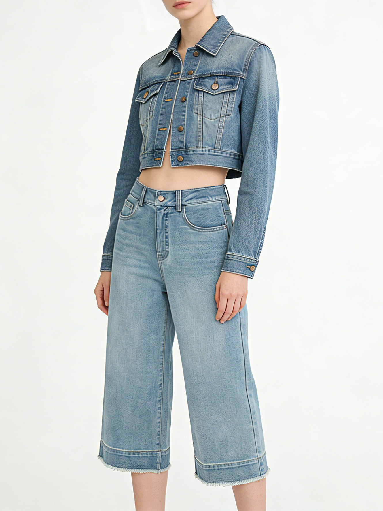 Quần jean nữ ống rộng cạp cao, chất liệu cotton pha linen mỏng nhẹ, dáng suông rủ, gấu tua rua — xanh lam