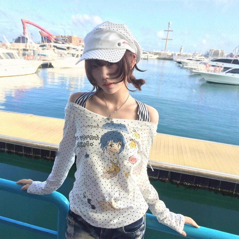 [210g 40 Count Pure Cotton] American Retro Polka Dot Printed One-Shoulder Slimming Look Contrasting Color Versatile Top