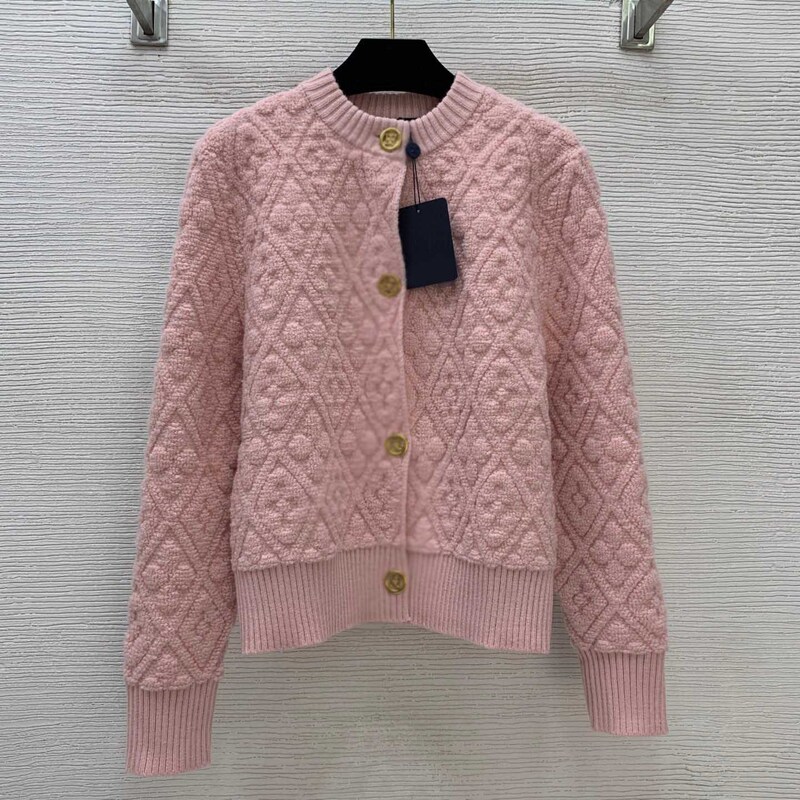 High-Quality 100% Wool Buttoned Placket Threaded Edge Hem Round Neck Long-Sleeved Short Thickeneded Knitted Jacket Top