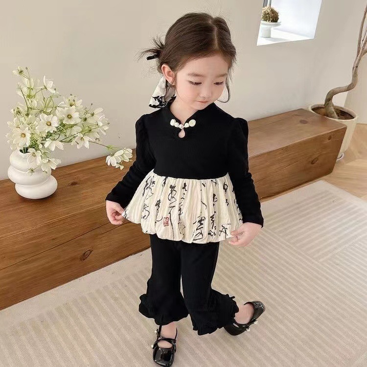 Mädchen Chinesischer Stil Langarm Puppenbluse Schlaghose Set_voghion.com
