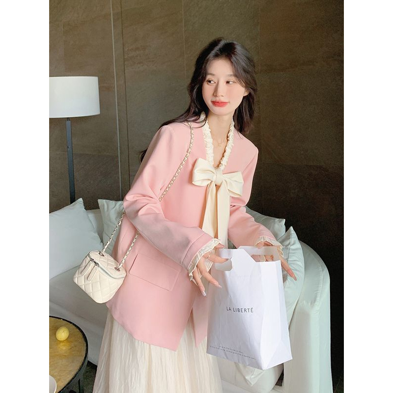 粉色蝴蝶结西装外套女早春2025新款韩系设计感时尚休闲气质小西服|undefined
