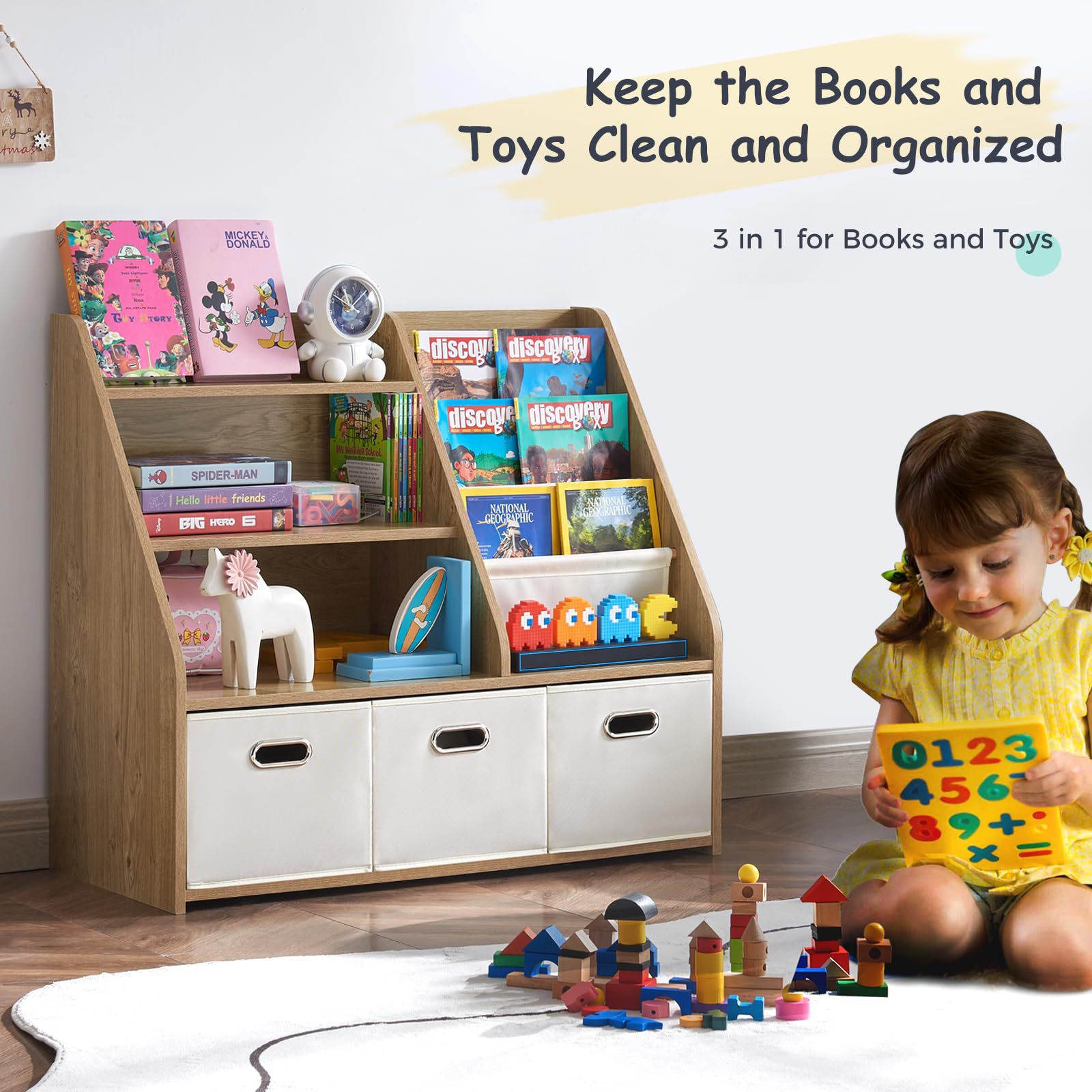 Cross-border Wooden Children's Toy Rack Doll Storage Shelf with Drawer Montessori Kids Bookshelf Toy Organizer