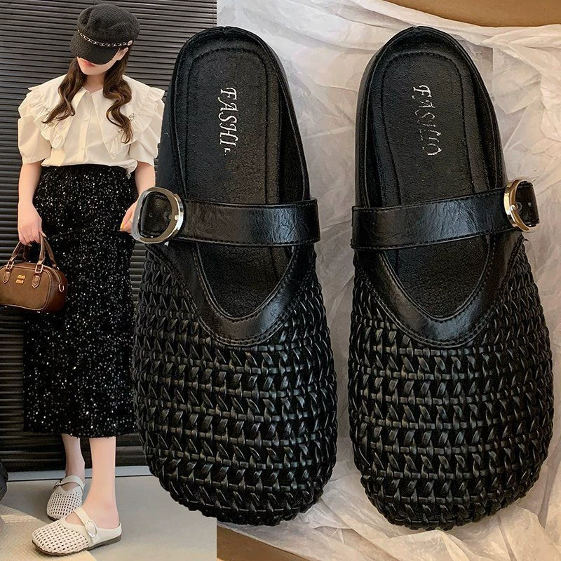 Туфли на толстой подошве с вырезом из плетеной сетки, летние 2025, новые повседневные мягкие универсальные туфли с открытым носком и полувысоким голенищем.