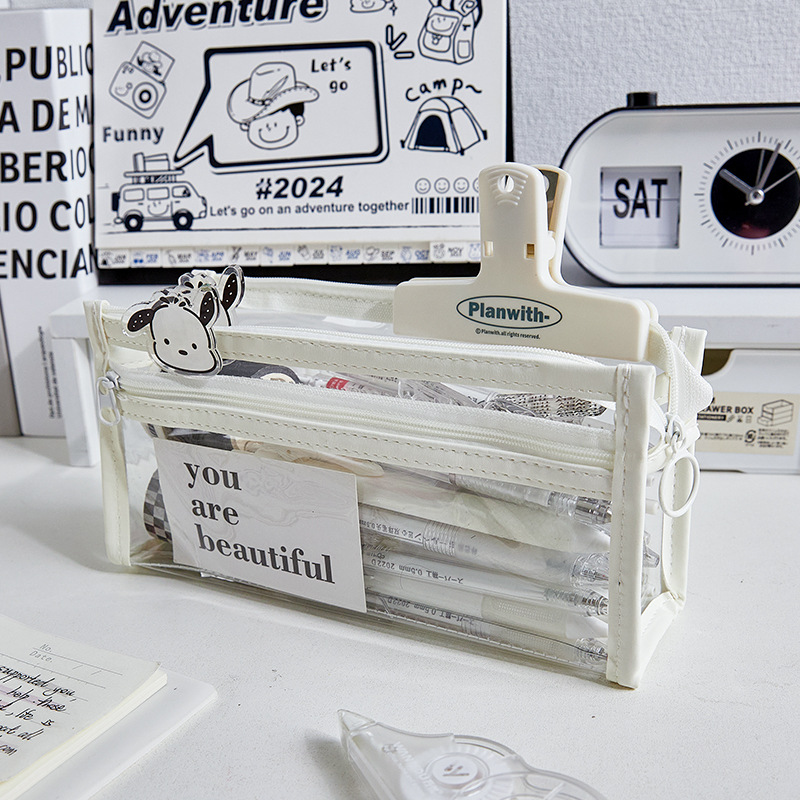 Doble capa transparente Lubi Castor pequeño lápiz caso examen lápiz caso Escuela Primaria Niña de alta apariencia papelería bolsa lápiz caso