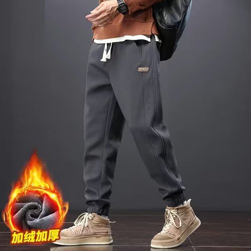 Men's sporty corduroy pants, autumn and winter workwear, trendy khaki color, men's casual ankle-length padded sweatpants