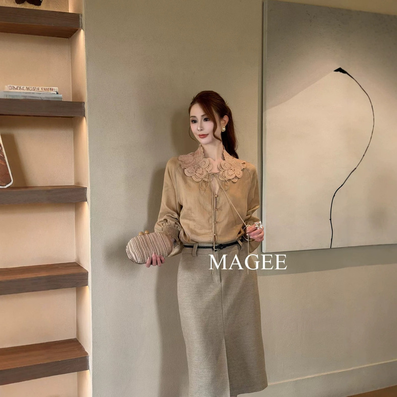 2026 cross-border foreign trade new style light luxury lace tie V-neck Tencel linen shirt for women 2026 cross-border foreign trade new style light luxury lace tie V-neck Tencel linen shirt for women