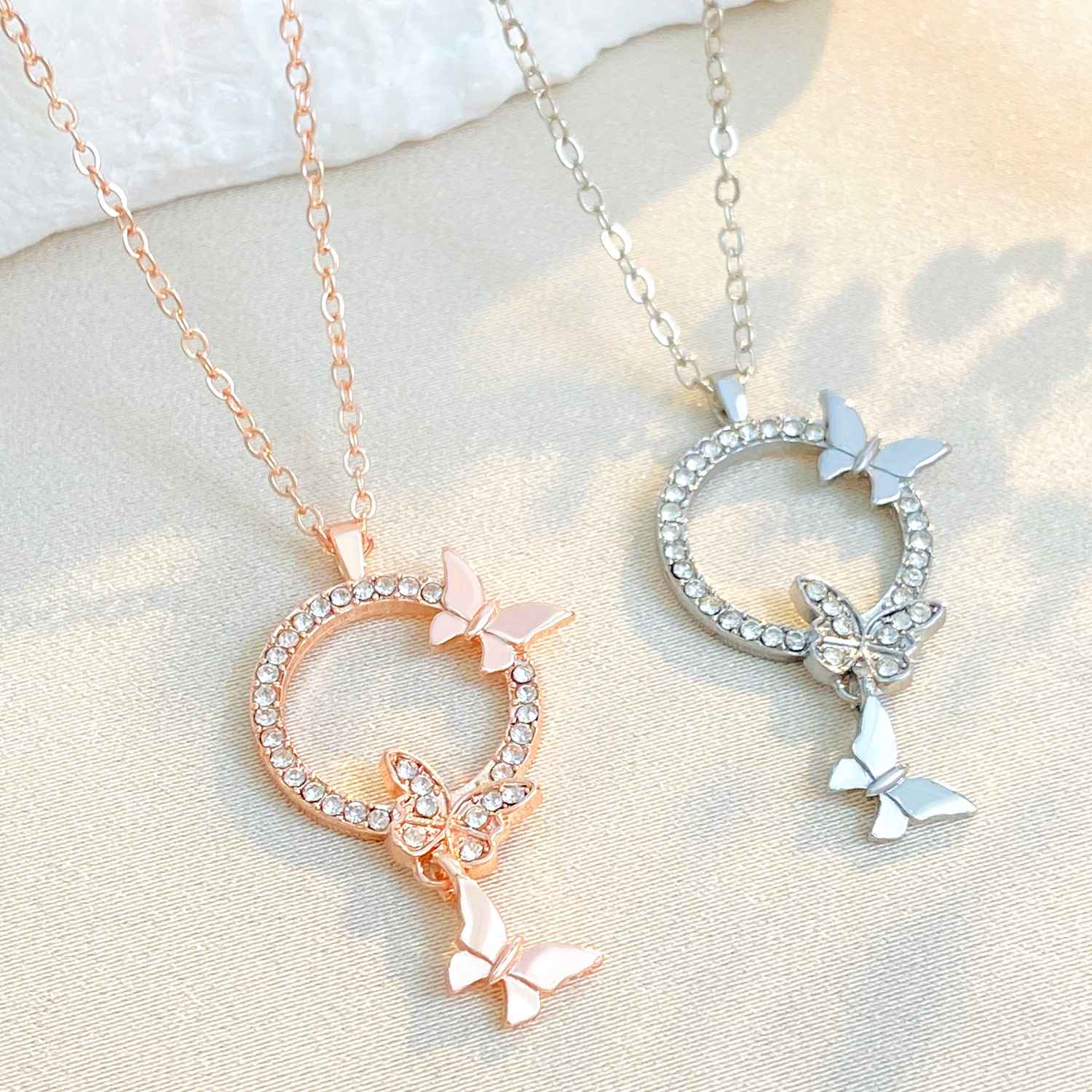 Butterfly Circular Ring Pendant Necklace With Diamond Accents_voghion.com