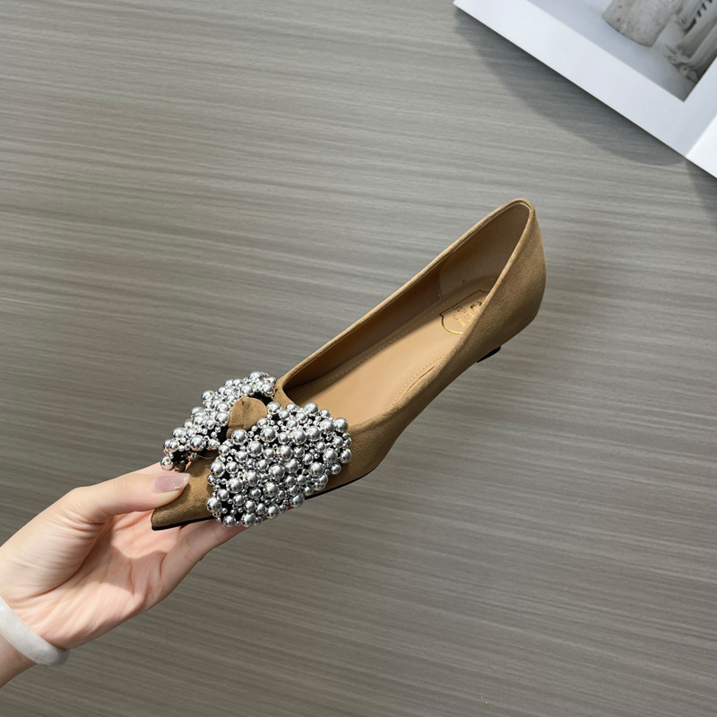 720-501 French Pearl Shallow Mouth Pointed Toe Flats Women's Low Heel New Summer and Autum Velvet Soft Flats Bottom Bow
