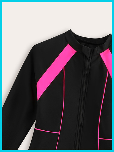 Long-sleeved conservative children's swimsuit, pure color, medium and large girl's zipper one-piece swimsuit, cross-border foreign trade swimsuit