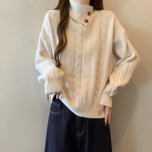 时尚半高领麻花加厚针织衫女秋冬大码胖妹妹百搭气质显瘦套头毛衣