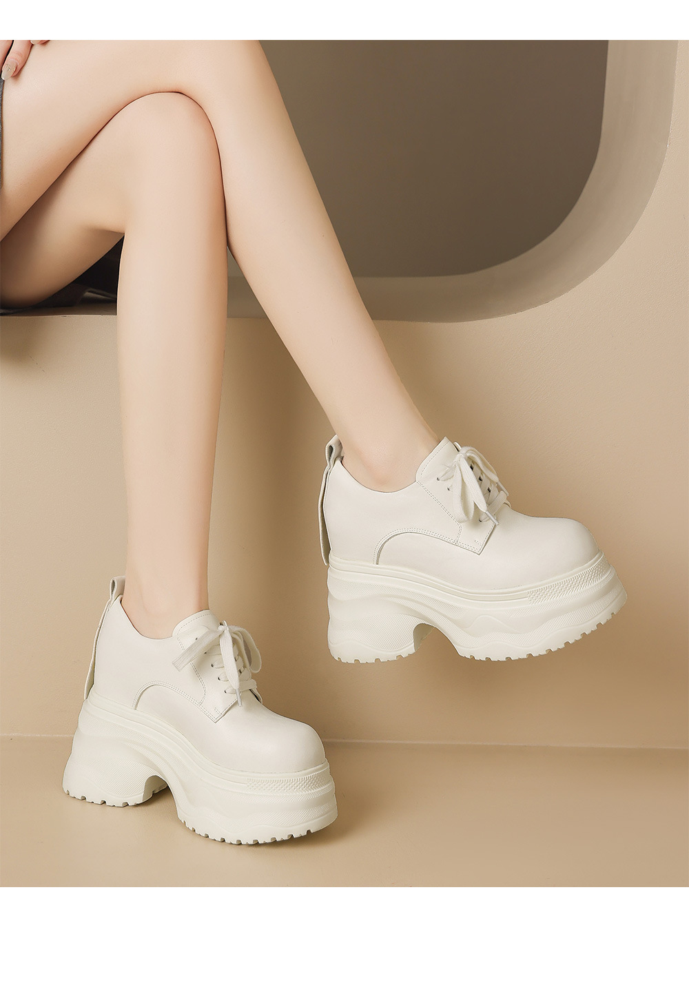 Giày sneaker nữ chunky đế dày phối màu mùa thu 2025, da bò thật, tăng chiều cao 12cm, buộc dây — Màu đen, Màu xám trắng, Màu trắng chi tiết 13