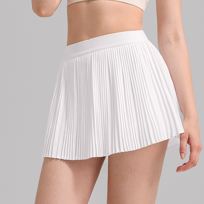 Órgano plegado vestido deportivo corto de velocidad de mujer ropa de yoga transpirable vestido de fitness falso dos piezas anti-luz falda de tenis plegado