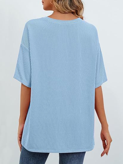 cross-border European And American Women's Summer Short-sleeve Pocket Top, Oversized Round-neck Textured Casual_ecoleips.com