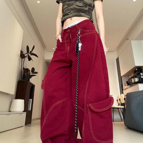 American retro red machete jeans for women, deconstructed open-line design, loose casual wide-leg mop long pants