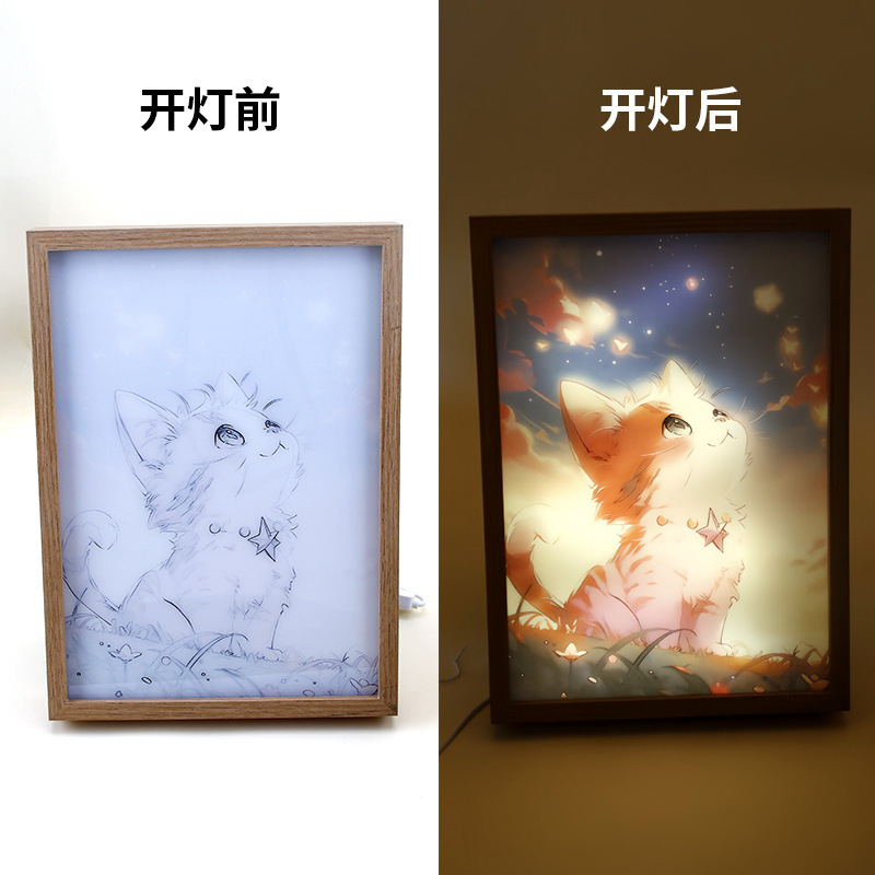 卧室床头灯光画夜灯摆件USB接口创意桌面摆台 LED发光相框素描画|undefined