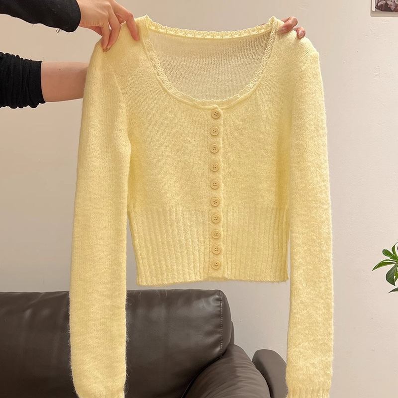 Super Flattering Soft and Cozy Little Chanel-Style Soft and Cozy Cream-Yellow Spliced Lace-Trimmed Korean-Style Women's Knit Cardigan Top