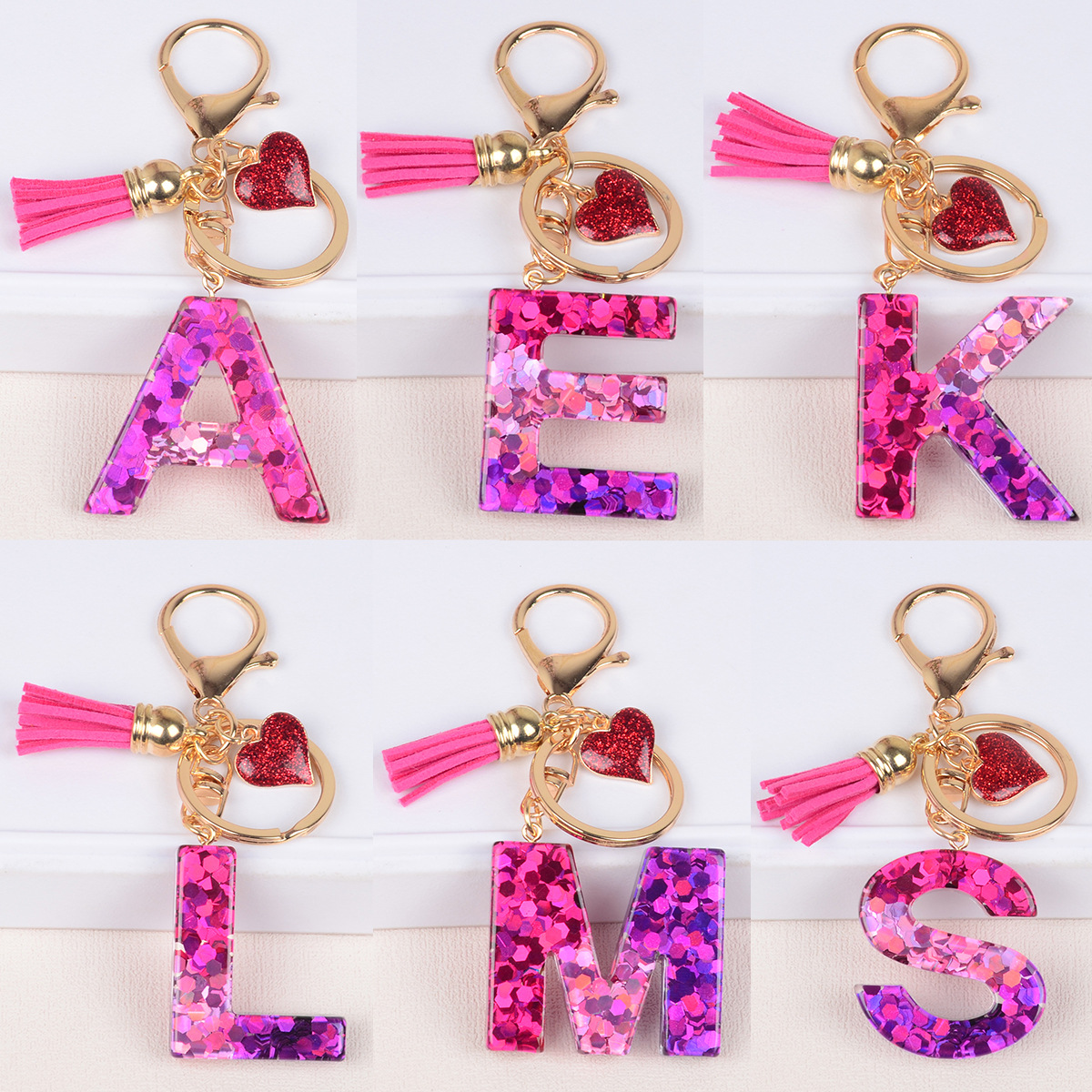 Rosé rojo amor letras inglesas llavero de cristal goteo de goma sequillas llavero de letras bolsos de mujer colgante