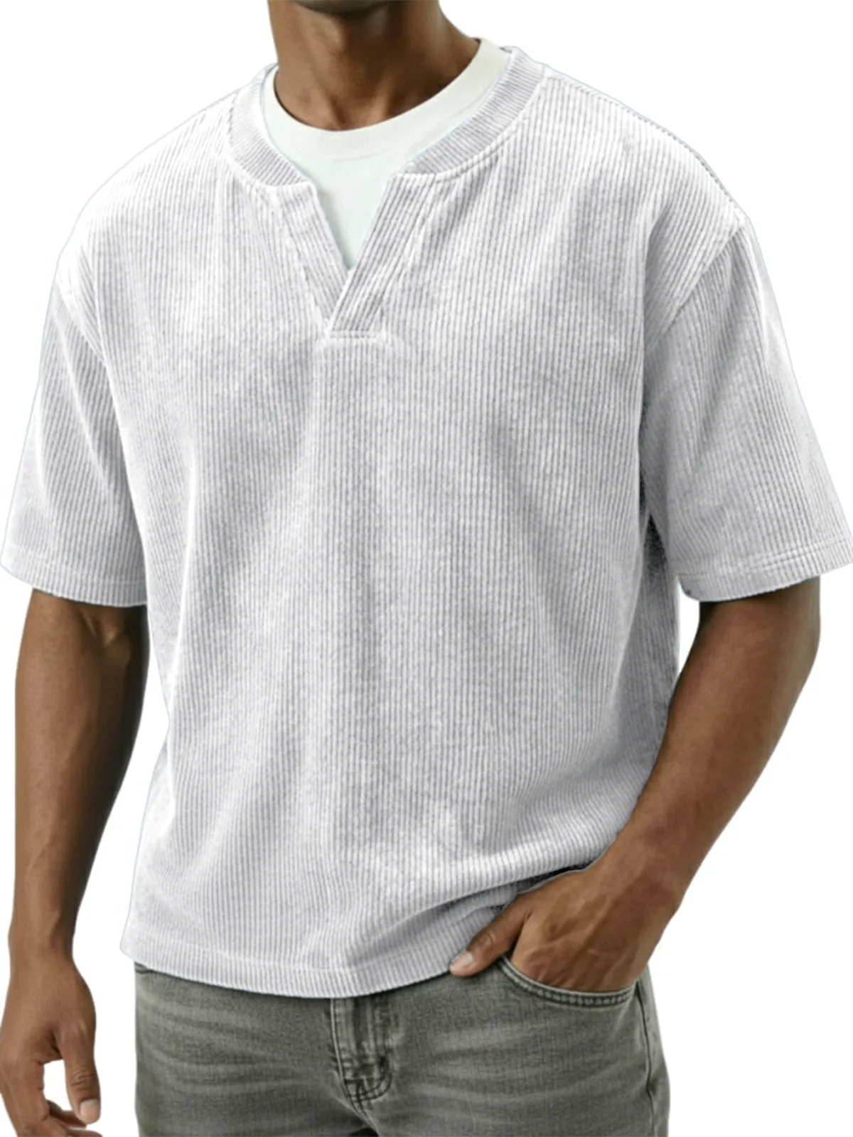 T-shirt uomo casual in velluto a coste con doppio collo_voghion.com