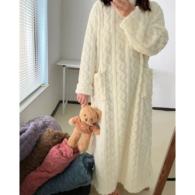 Теплый пижамный комплект, коралловый бархат, зимнее длинное bathrobe для отдыха, оверсайз