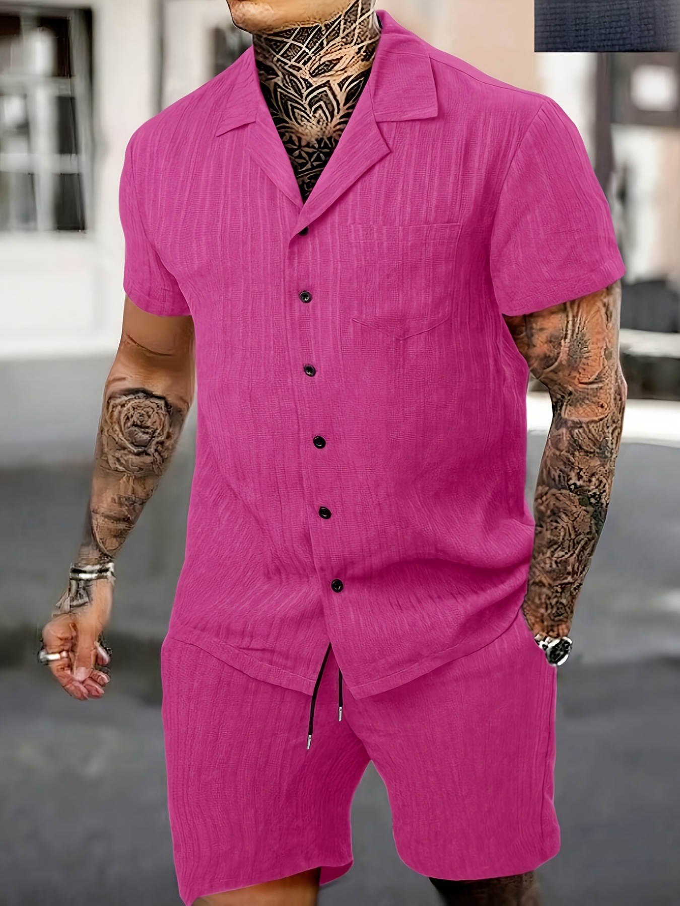 Lässiges Herren Hemd Und Shorts Set Mit Rüschentaschen_voghion.com