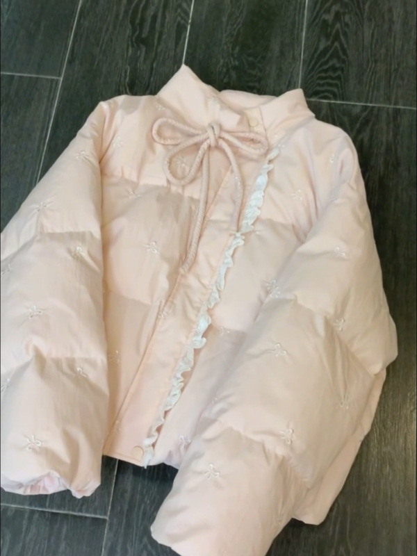 蕾丝拼接棉服外套女2025年新款冬季韩系感粉色蝴蝶结系带棉衣|undefined