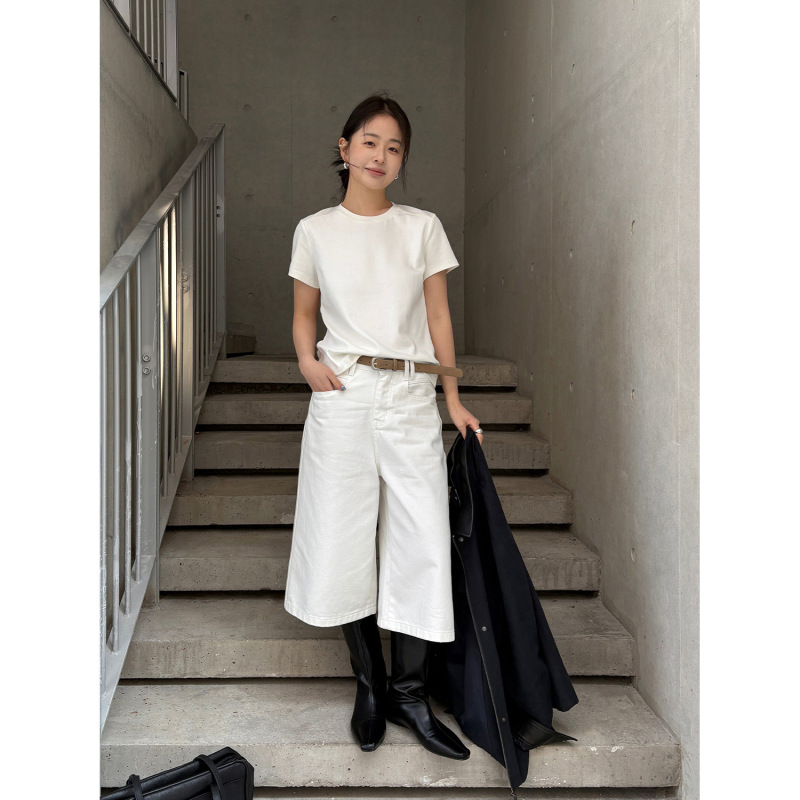 Tg Exclusive for Petite Sizes: Stylish High-Waisted Wide-Leg Slimming Washed Denim Capri Pants 2026 Spring Collection 26355