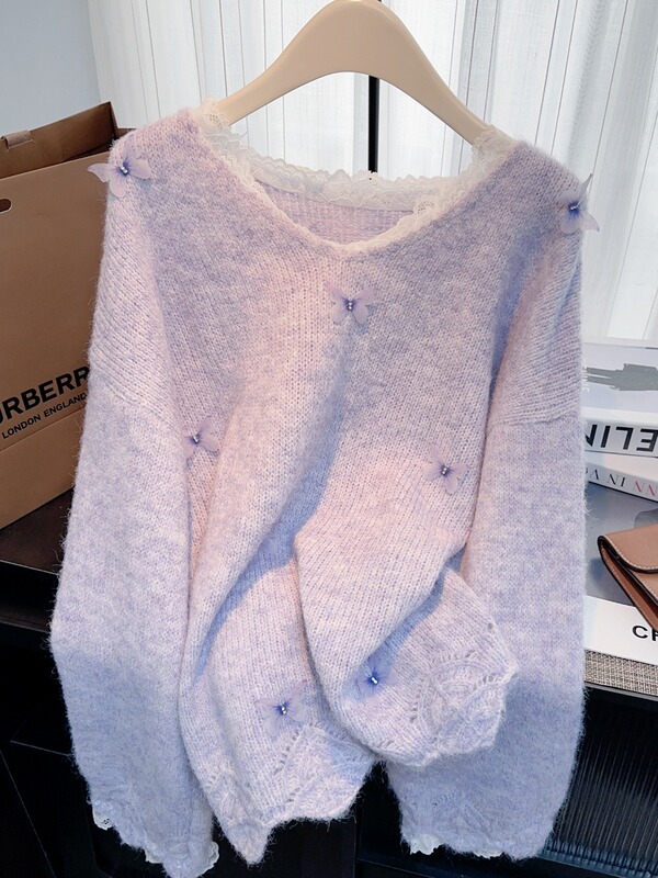 Purple Mid-Length Sweater for Women in Spring & Fall, Covering Buttocks, Bottoming Shirt, Disappearing Bright Color with Shark Pants Top