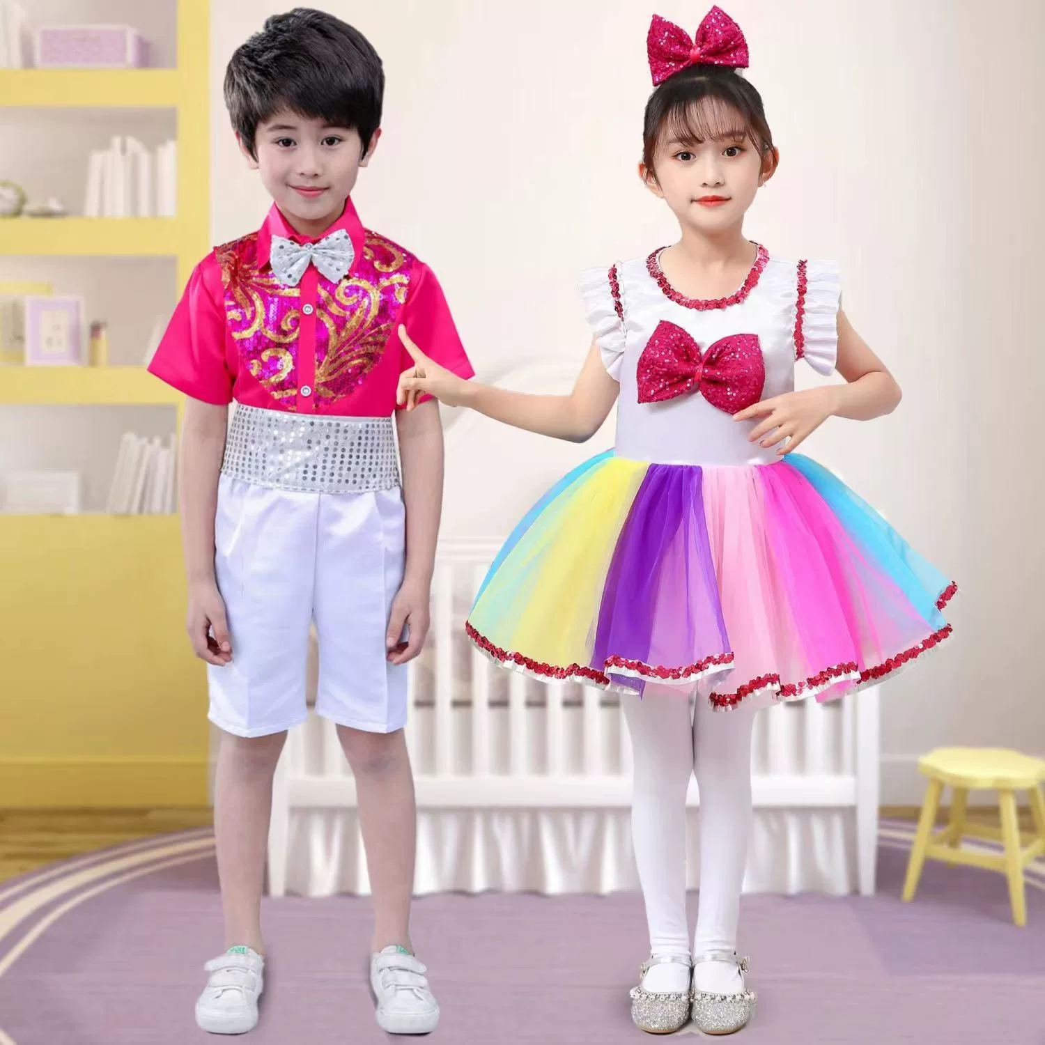 Детская одежда для выступлений, Радужное платье принцессы для девочек, Хоровое платье, разноцветная юбка-юбка с блестками, танцевальное платье для детского сада