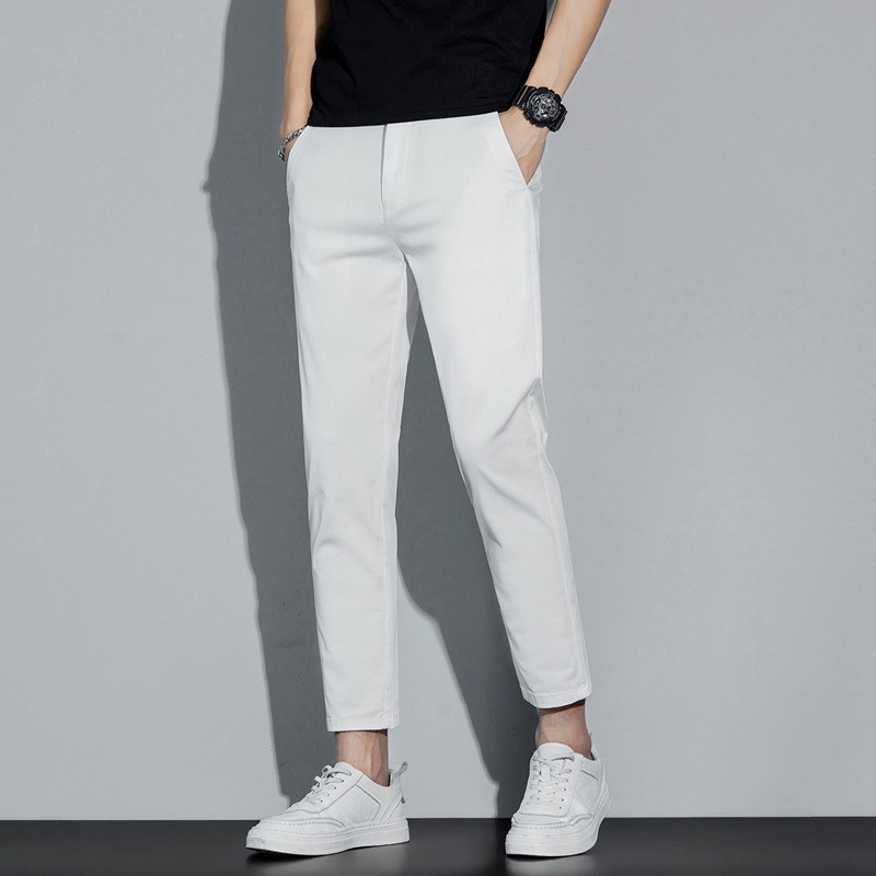 Youth Nine-Point Pants for Boys, Fashionable Student Pants, Solid Color Elastic Slim-Fit Men's Casual Pants