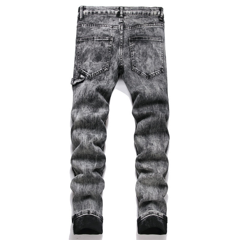 Jeans elasticizzati slim fit da uomo, primavera 2025, pantaloni alla moda con lavorazione pesante e strass a vita media, lunghi in cotone, neri, grigi e blu_voghion.com