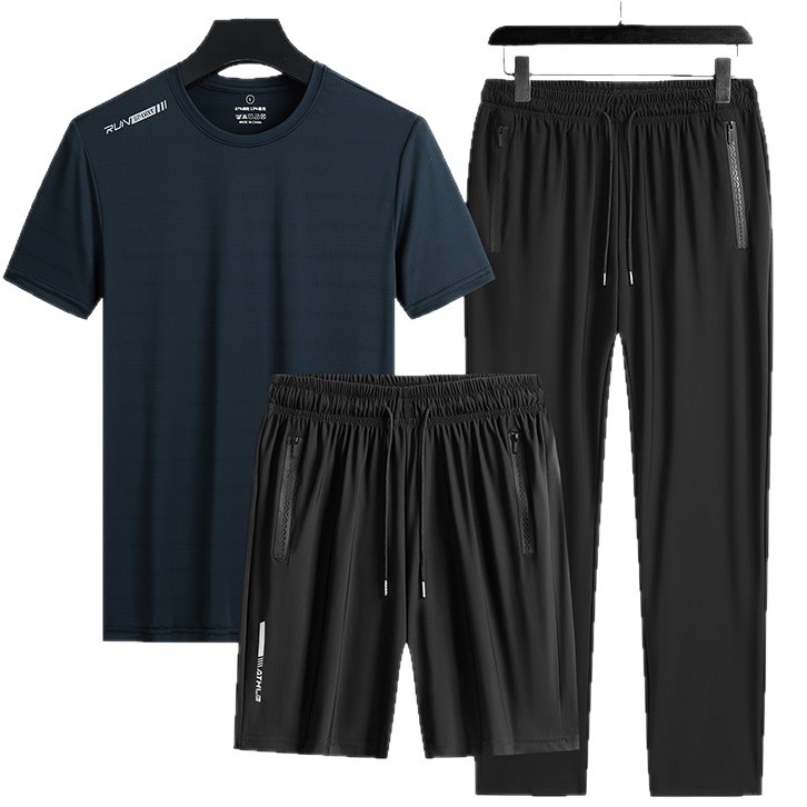Trajes deportivos transfronterizos para hombres de verano de seda de hielo de manga corta de mediana edad, pantalones rectos para padres de tres piezas de secado rápido