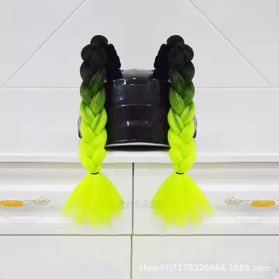 Braids, Double Ponytails, Motosiklet dəbilqələri - a-pair-of-short-braids-with-black-yellow-and-green
