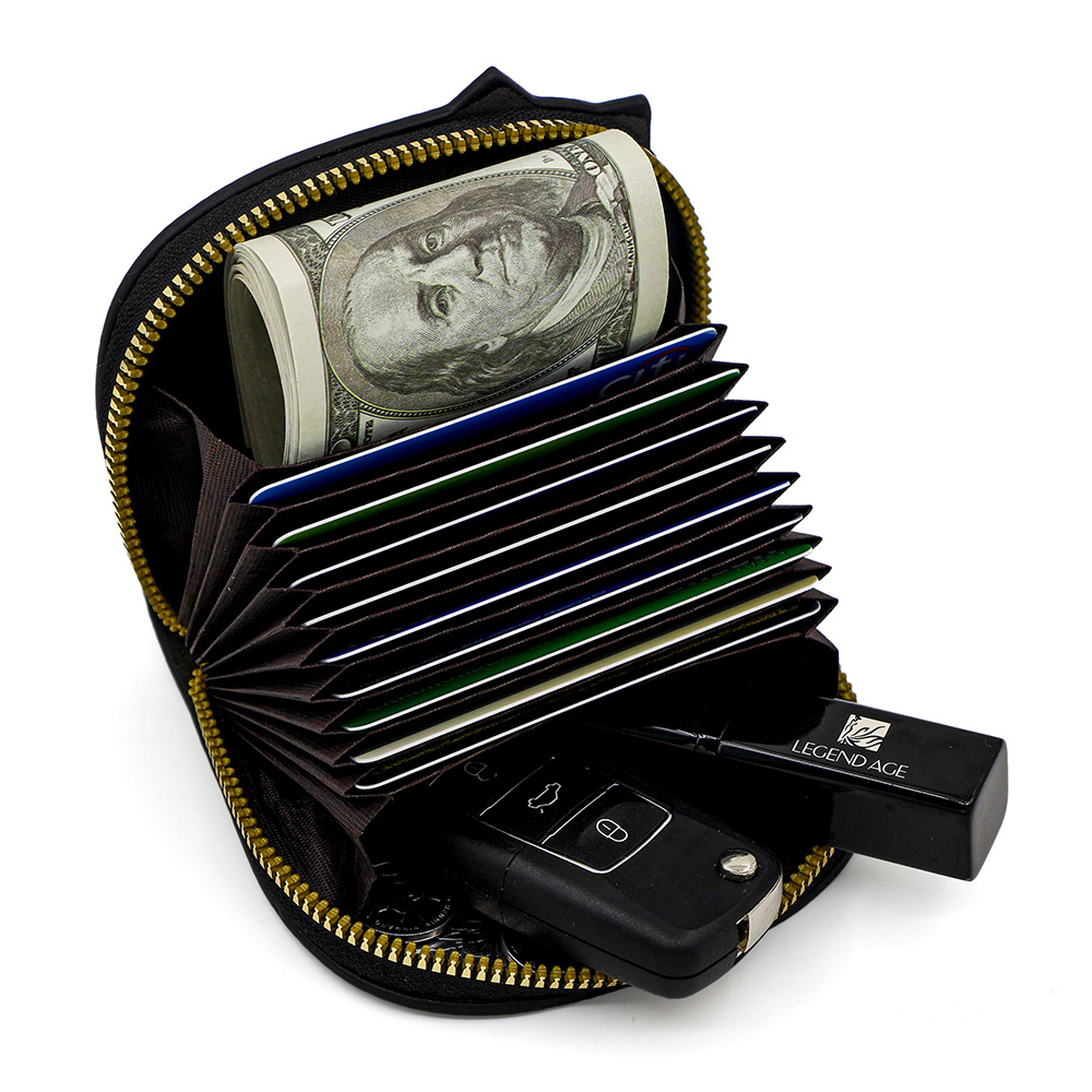 Nueva bolsa de tarjetas de cambio de dama adorable mini red pu litchi dibujos animados gatos bordados multi-tarjeta bolsa de órgano