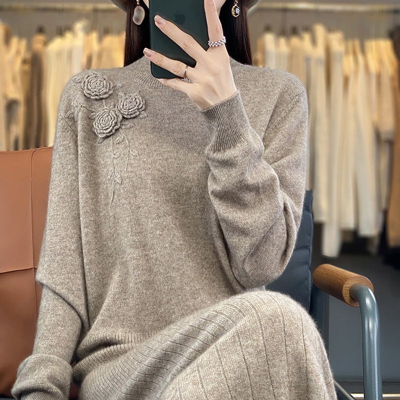 100%纯羊毛2025秋冬新款女装宽松圆领毛衣裙过膝长裙针织衫连衣裙|undefined