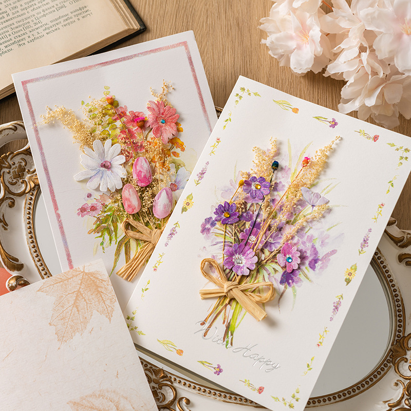 ins Creative Handmade Dried Flowers Thank You Greeting Card Advanced Sense Vow Card Business Teacher's Day Graduation Greeting Card with Envelope