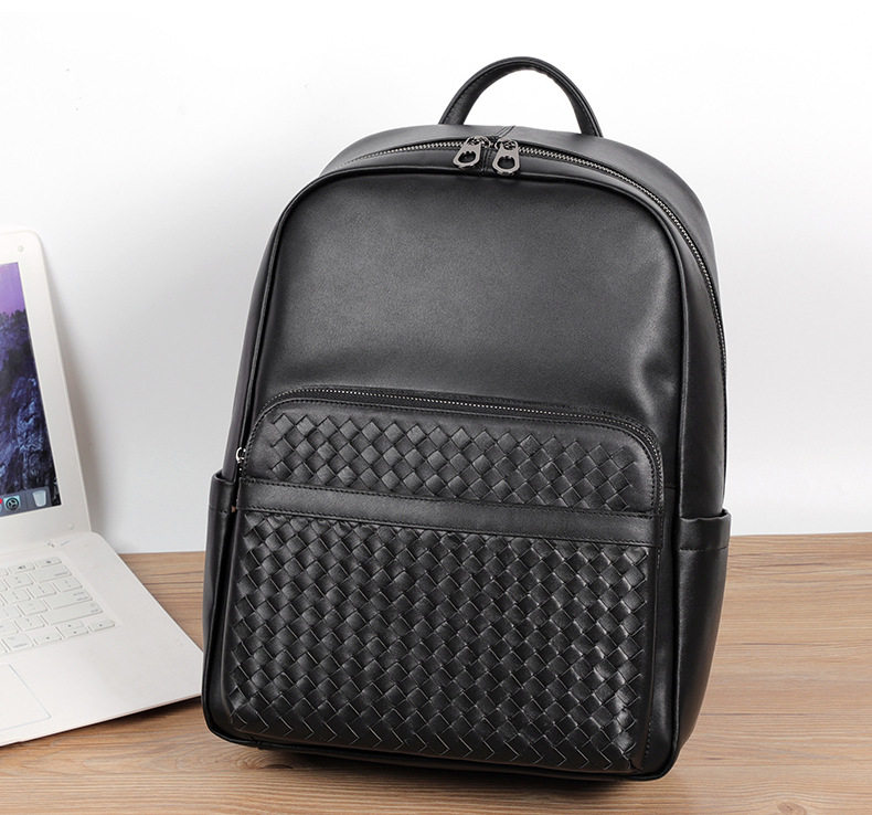 Ba lô da bò thật dệt tay nam, balo đựng laptop 15,6 inch đa chức năng đi làm du lịch — Màu đen chi tiết 4