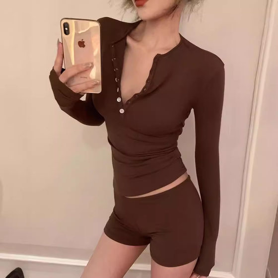 Autumn Round Neck Slim-fit Short Long-sleeved Breasted T-shirt Elastic Waist Shorts Casual Home Clothes Elastic Two-piece Suit
