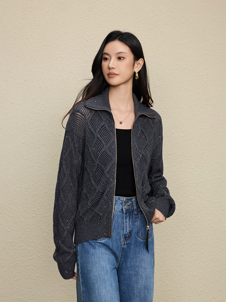 Woolen woven knitted cardigan with diamond pattern with zipper, solid jacket, bright catchy style