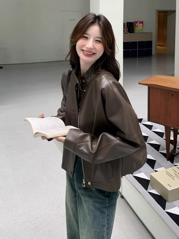 美拉德皮夹克咖色皮衣外套女2025年秋冬季新款港风宽松机车服上衣|undefined