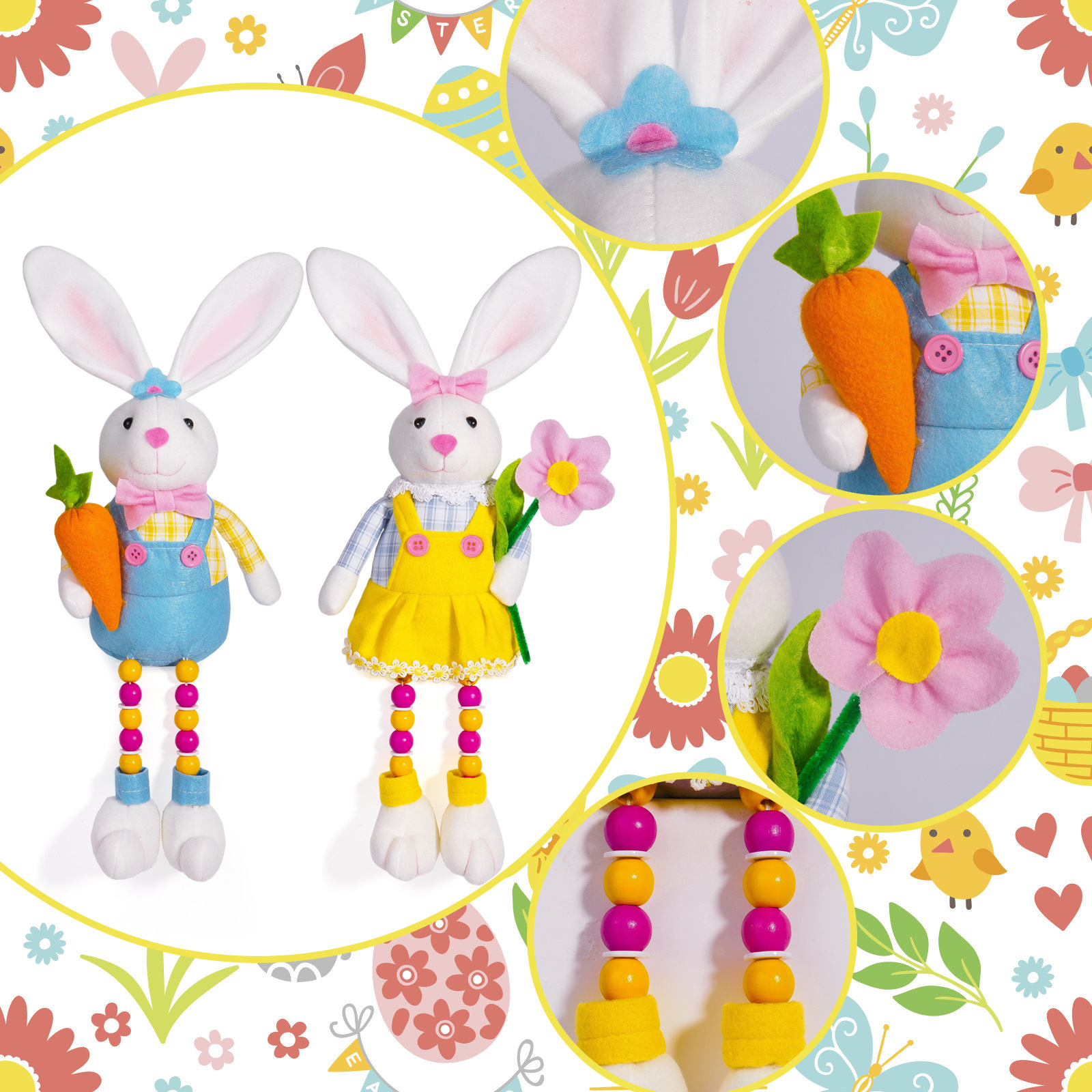 Muñeca de conejo de Pascua transfronteriza con flores de rábano sentadas, muñecas de conejo, decoración de ventanas, decoración de vacaciones