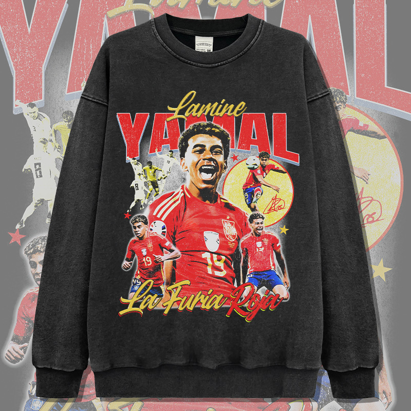 Yamal fútbol americano callejera hip-hop marca de moda impresión retro hacer vieja lavadora suéter suelta