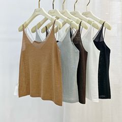 Mulberry silk fine wool Korean style organza splicing V-neck loose bottoming sling solid color scheming vest for women summer