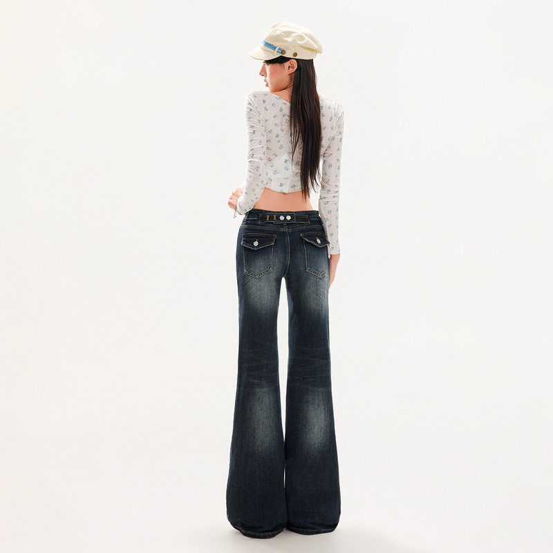 Li She # Women's low-rise flared jeans for autumn, non-clingy, washed and distressed, with Paris buckle, stretchy straight-leg pants, versatile Li She # Women's low-rise flared jeans for autumn, non-clingy, washed and distressed, with Paris buckle, stretchy straight-leg pants, versatile