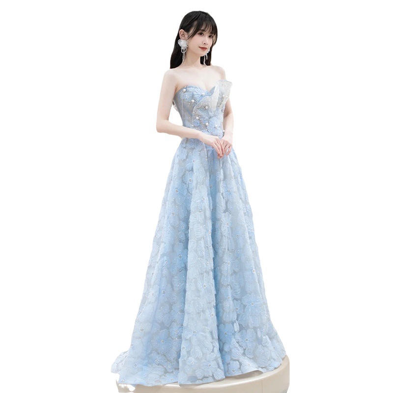Vestido de Noche Azul Claro de Lujo sin Tirantes, Otoño 2025, Nuevo Estilo de Moda, Vestido de Presentadora de Pasarela