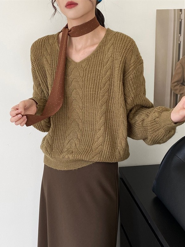 韩系温柔V领软糯麻花毛衣女秋季新款宽松显瘦气质百搭针织衫上衣|undefined