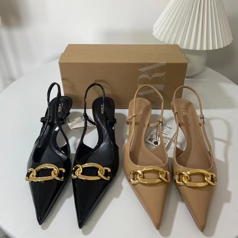 ZA2024 New Summer Pointed Metal Buckle Shallow Fashion High Heels Stiletto Heel Elegant Fashion Sandals Women's Single